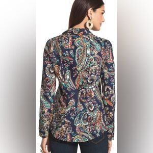 CHICO’S Sz 3.5 No Iron Effortless Beatrice Navy Colourful Paisley Buttoned Shirt
